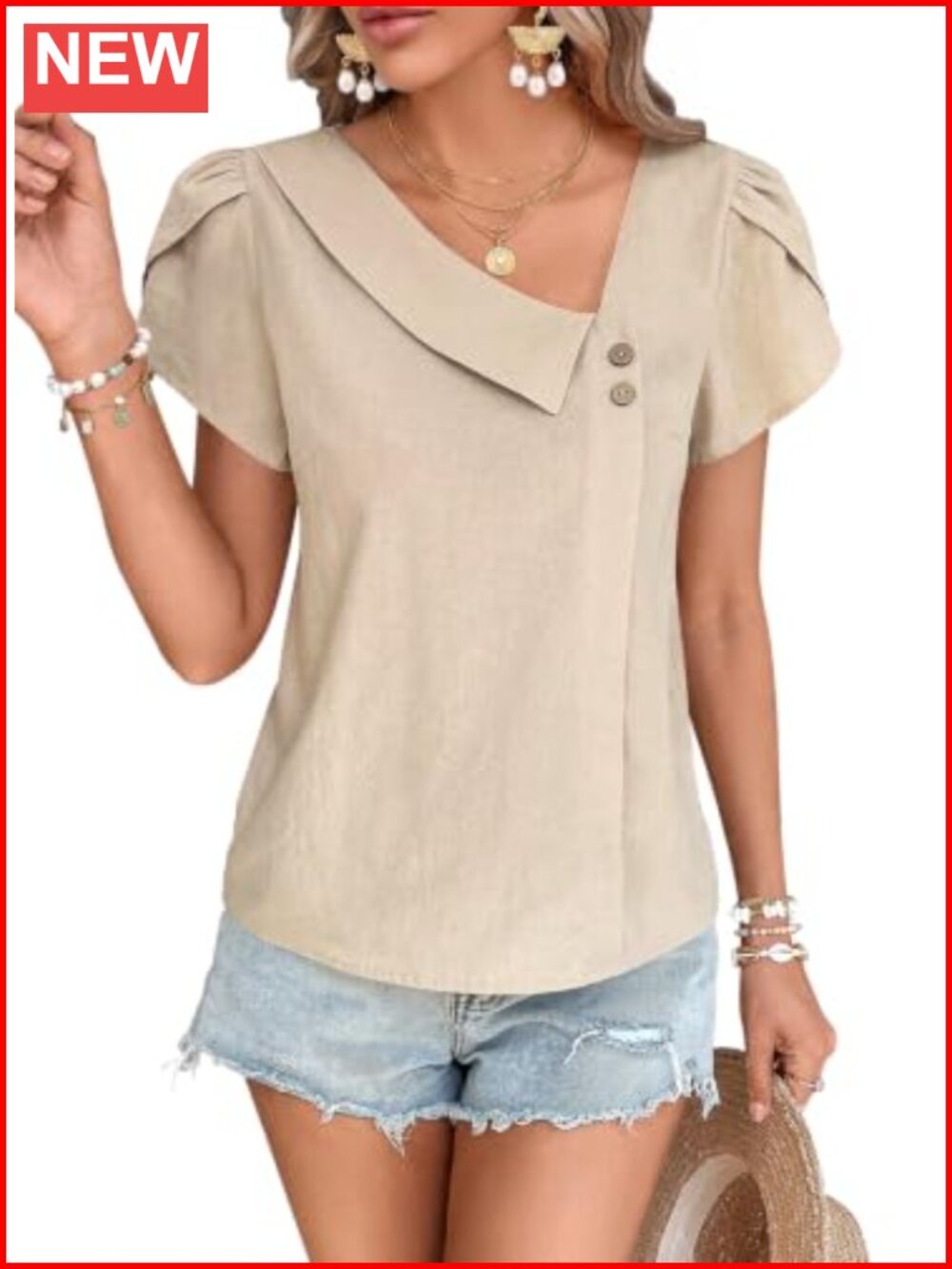 Womens Asymmetric V-Neck Blouse Petal Sleeve Linen Like Work Top